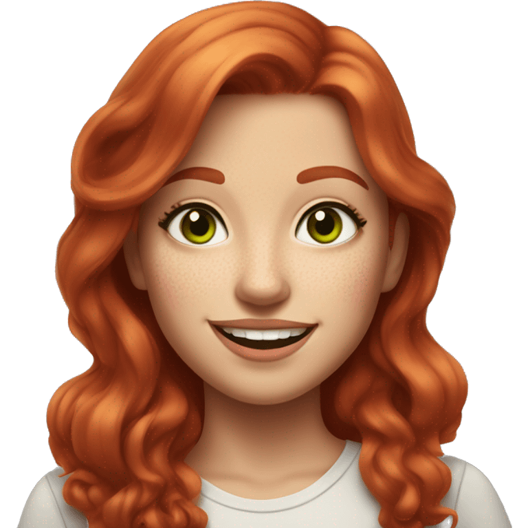 
girl with red hair and gray-green eyes smiles
some freckles and bright pink lips emoji