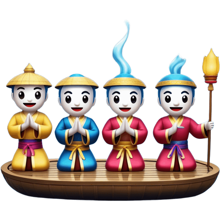 Cinematic Realistic Water Puppetry Emoji, depicted as a whimsical scene of traditional water puppets performing on a reflective water stage, rendered with vivid textures and dynamic playful lighting that captures its enchanting charm. emoji