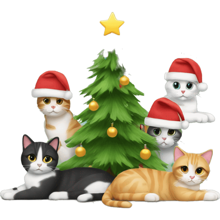 Four different cats sitting under a Christmas tree  emoji