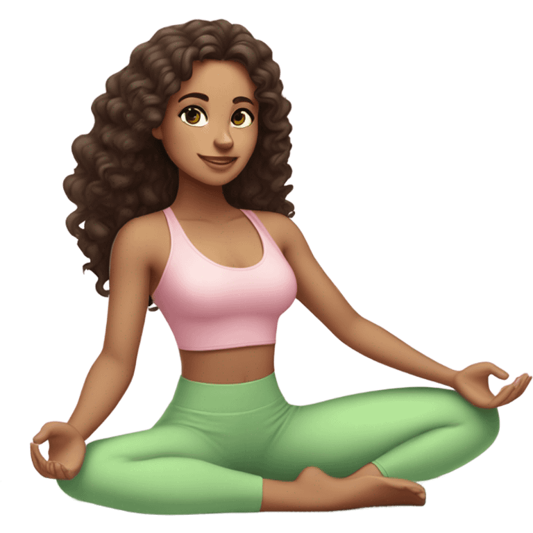 Dark brown long curly hair and green eyes yoga beautiful young woman in light pink pink pink clothes sitting on a yoga mat emoji