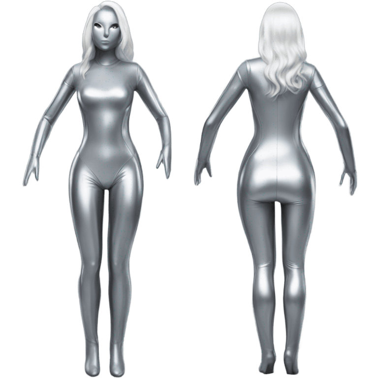 silver female latex bodysuit full front and back view emoji