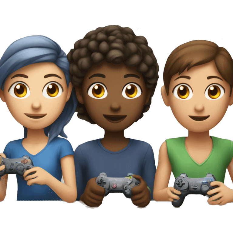 Girl playing video games with two friends emoji