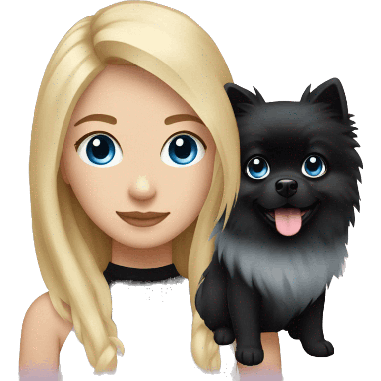 A blonde girl with blond strands around her face and blue eyes with a black pomeranian emoji