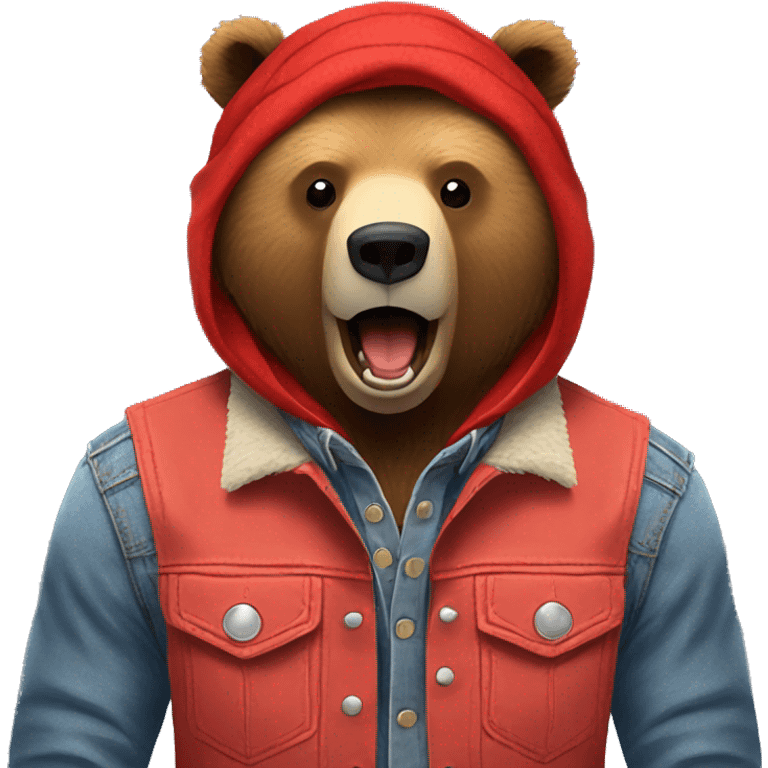 grizzly bear wearing sleeveless jean jacket and red bandana around head with open mouth emoji