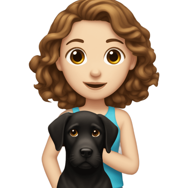 White girl with wavy brown hair holding a black Labrador emoji