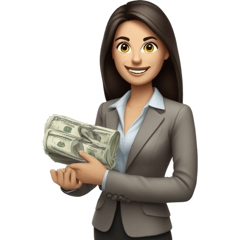 brunette business woman with money in her hand, smiling emoji