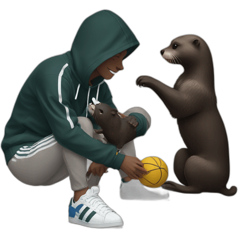 otter in black adidas hoodie playing with a dog emoji