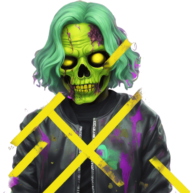 .Zombie_ Vaporwave black holographic oilslick zombie , _vaping_ .vape_ unicorn smoking, yellow caution tape  emoji