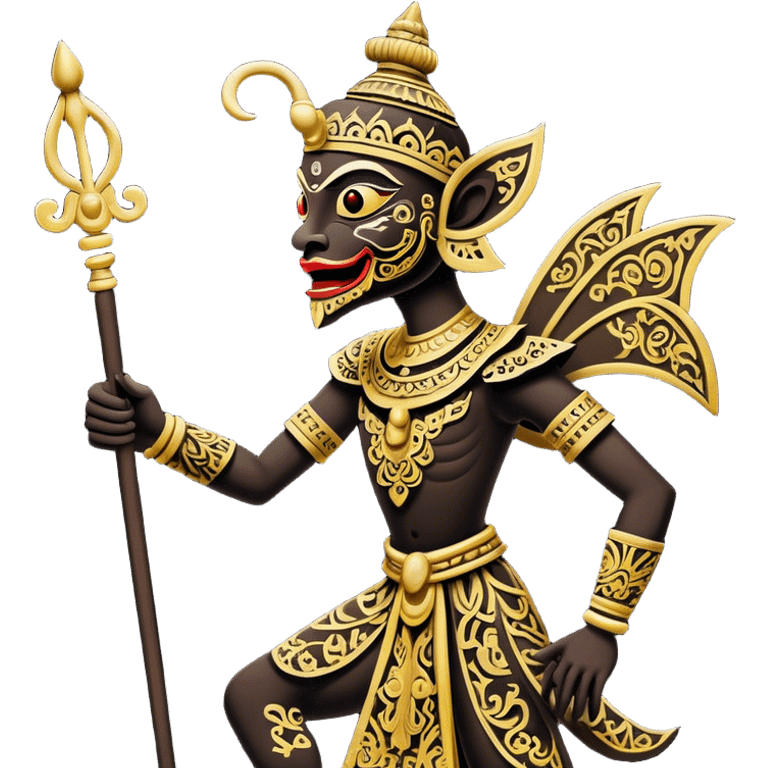 Wayang – Cinematic Realistic Wayang, depicted as intricately carved traditional Indonesian shadow puppets with expressive features and vibrant cultural motifs, set against a dark, dramatic backdrop with subtle glowing highlights that evoke the mystical art of shadow play. emoji