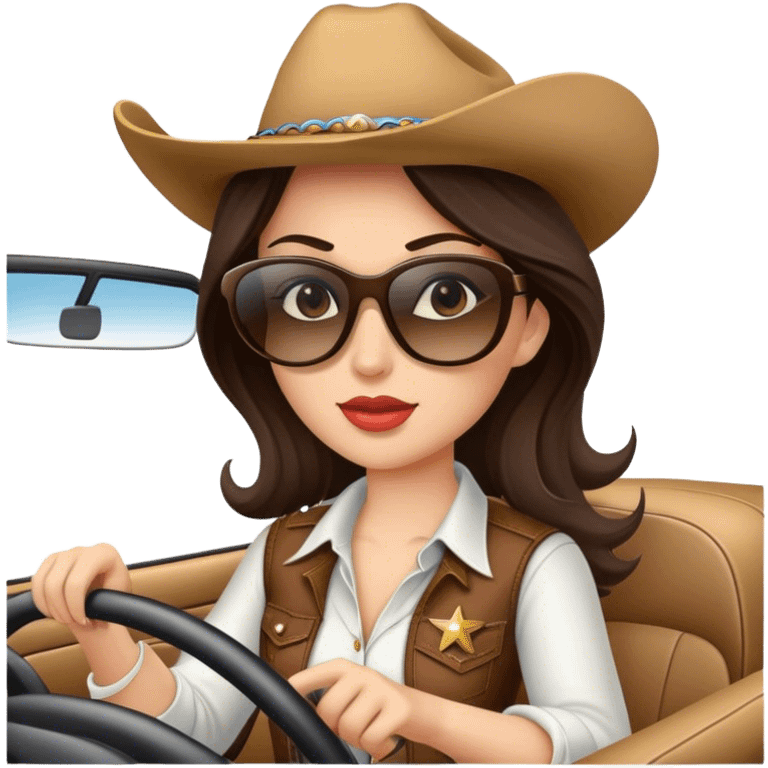 Brunette Cowgirl wearing sunglasses driving emoji