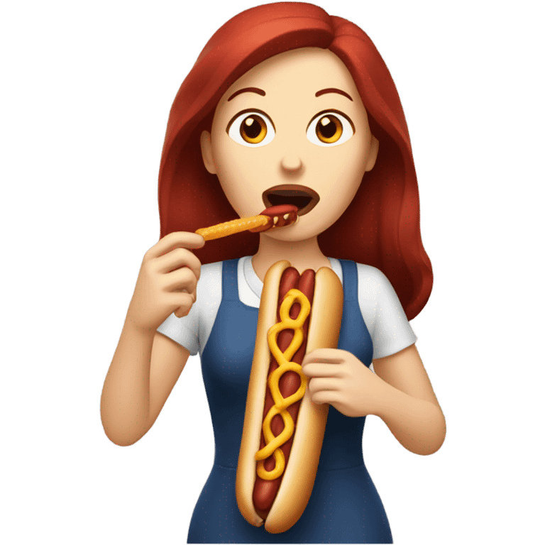 White woman white dark red hair eating a hotdog  emoji