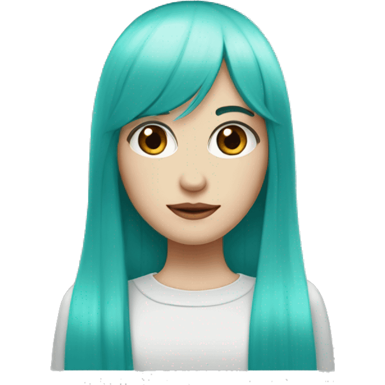 A female with pale skin and very long hair with straight hair and turquoise hair and very straight bangs straight hair crimson eyes red eyes emoji