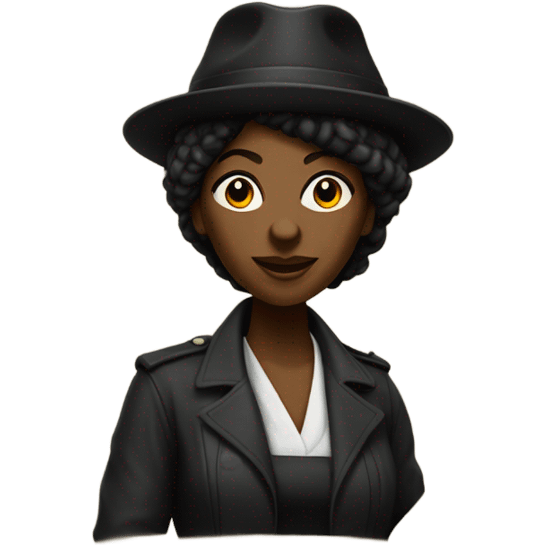 A tall black female revolutionary in dark shades and a tam hat with a raised fist! emoji