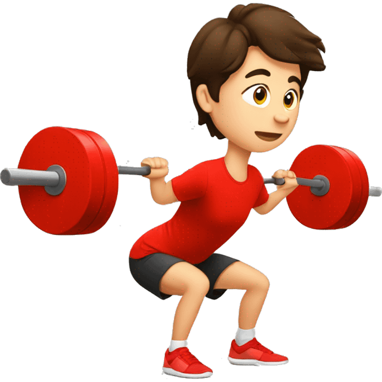 brunette boy in red t-shirt doing a snatch squat emoji