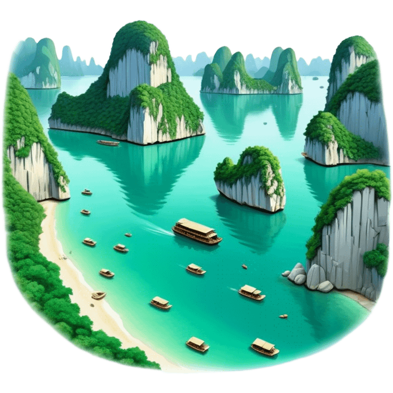 Cinematic Realistic Ha Long Bay Landscape Emoji, depicted with limestone karsts emerging from emerald waters rendered with intricate detail and dynamic natural lighting. emoji