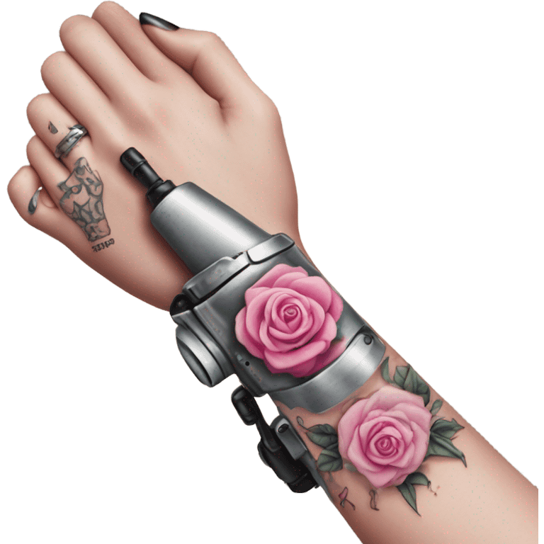 White girl hand with pink tattoos holding a tattoo machine emoji