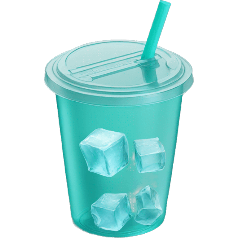 Realistic plastic cup and lid with Transluscent teal and large ice cubes inside and one straw through the top of the lid. emoji