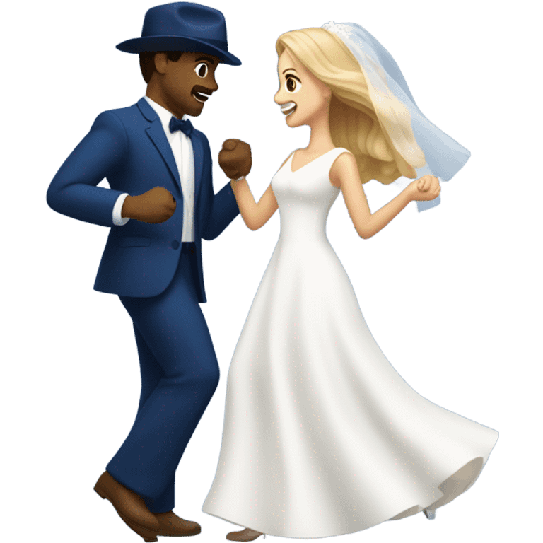 Puerto rican beard short brown hair with blue hat and navy blue suit first dance with blond long hair girl with white  wedding dress  emoji