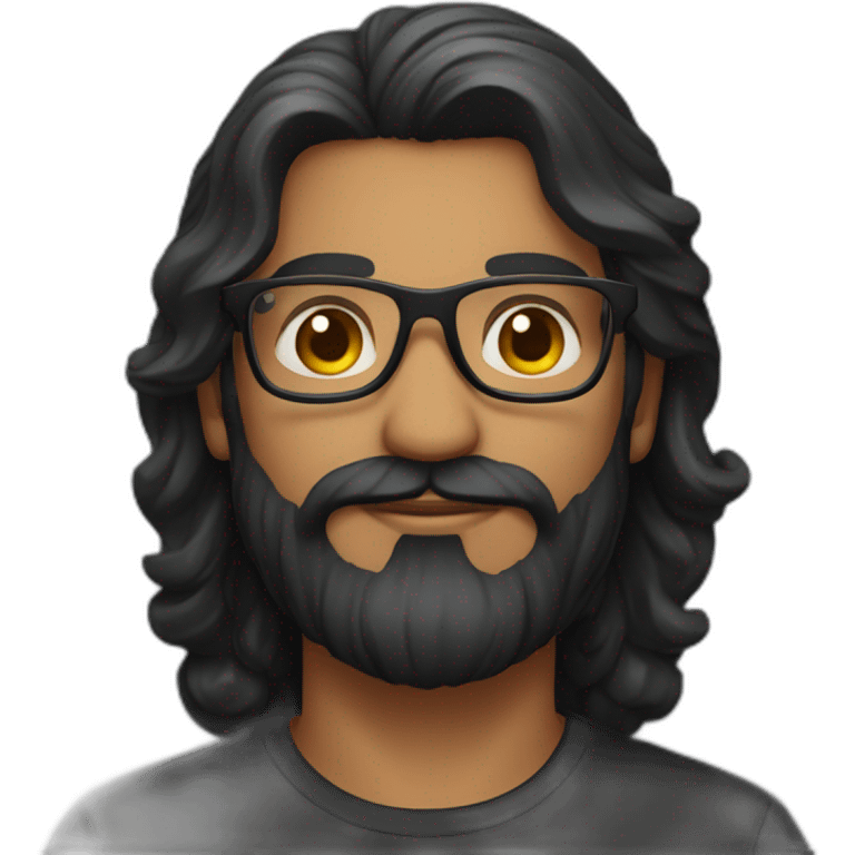 Indian man with long wavy hair, well groomed beard, glasses and a black tee emoji