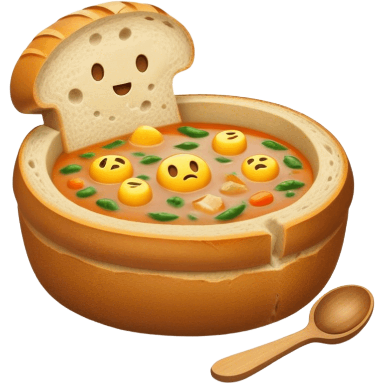 Żurek Cinematic Realistic Żurek Soup Dish Emoji, depicted as a tangy rye soup served inside a hollowed-out round loaf of bread, rendered with rich textures and dynamic, comforting lighting. emoji