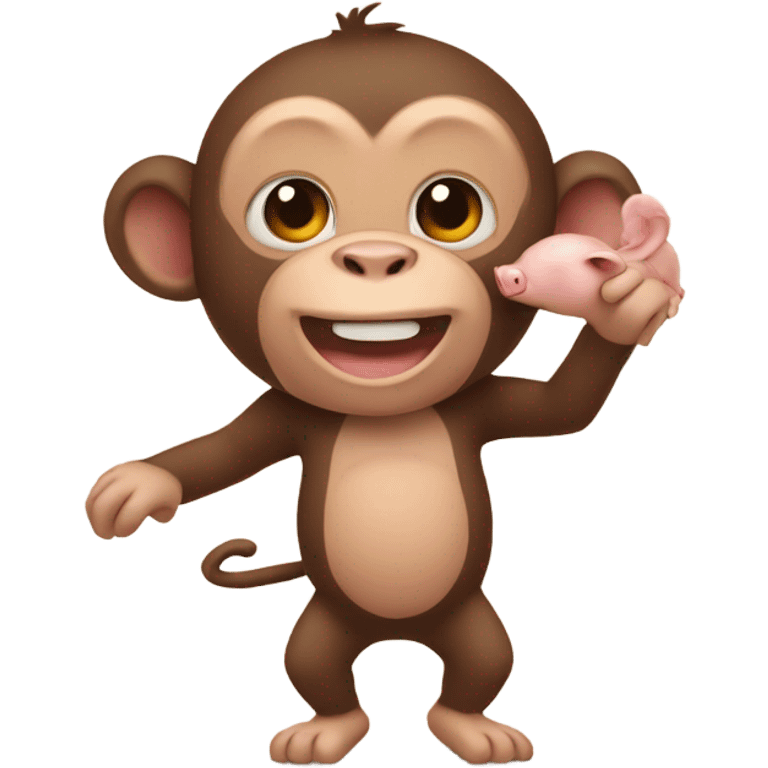 A monkey holding up a pig emoji