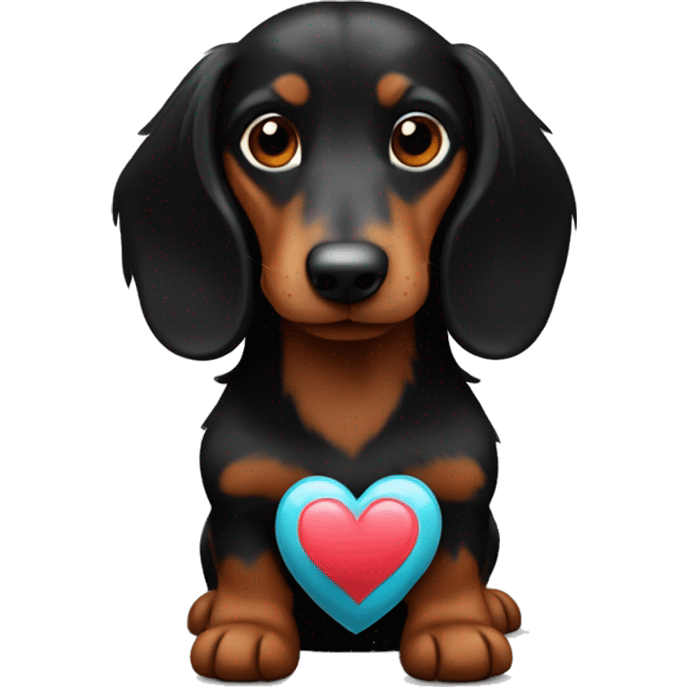 black and brown long haired daschund hugging a heart emoji