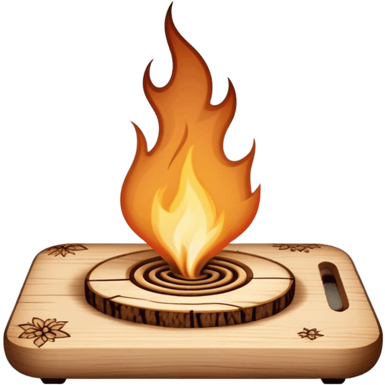 Pyrography icon, wooden board with intricate burn marks, pyrography tool (wood burner) in use, detailed patterns burned into the wood, minimalistic style, clean lines, transparent background. emoji