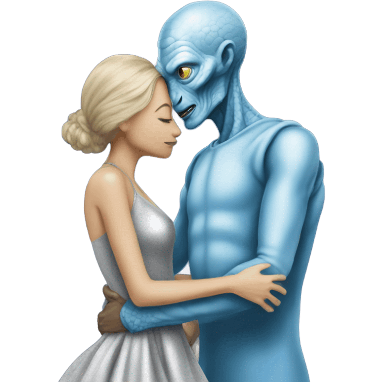 White man in blue dress  hugs and kissing Alien reptilian woman in silver dress  emoji