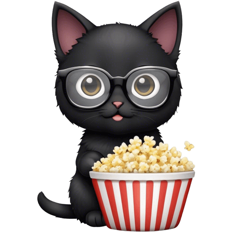 Black kitten watching a movie with popcorn and theatre glasses  emoji