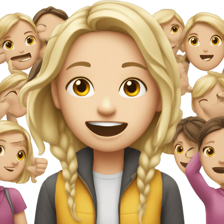 white girl having fun but overwhelmed by lots of kids emoji