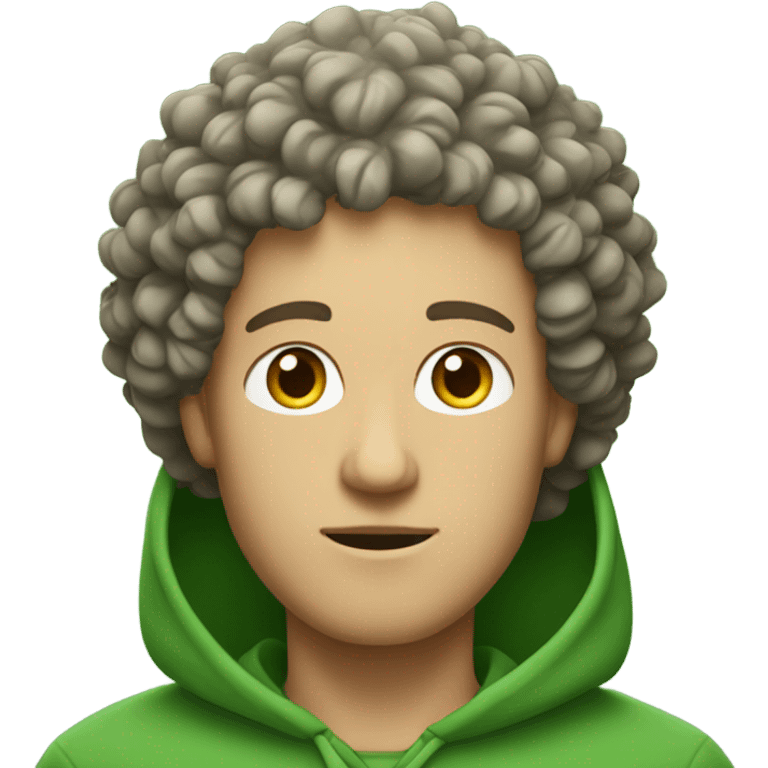 White guy with curly hair in green hoodie with leafs on his head emoji