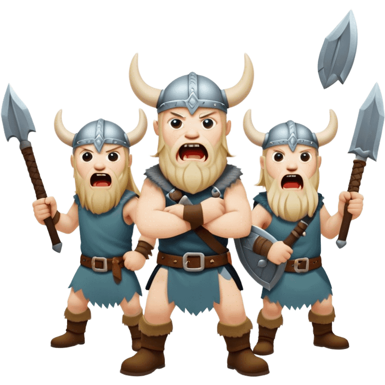 three Vikings are screaming, weapons in their hands
realistic emoji