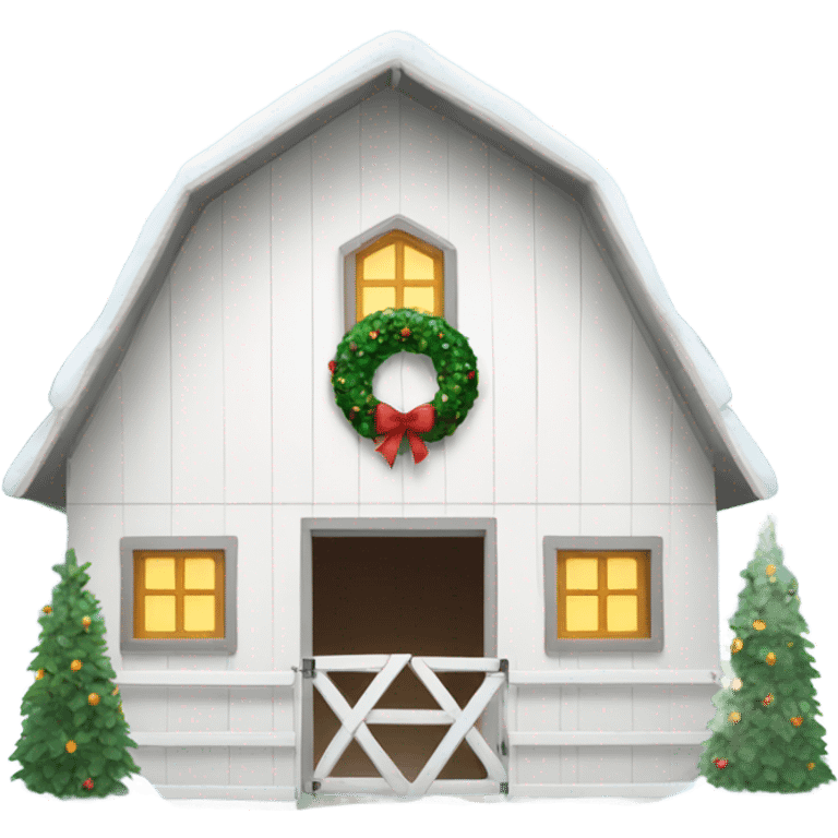 Snowy white barn with Christmas wreath emoji