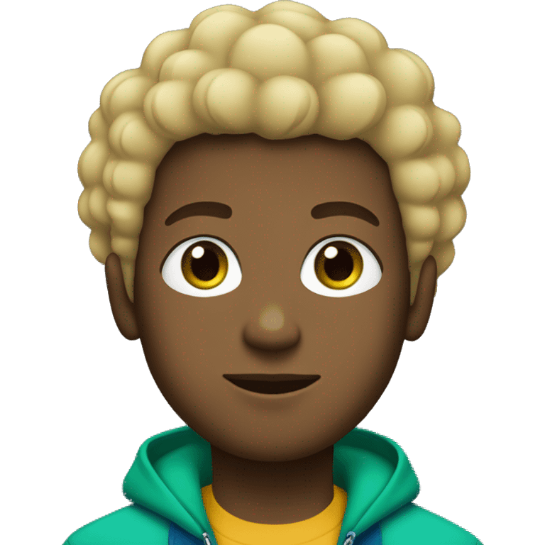 Black boy with blonde afro, green eyes, blue backwards cap, and green jacket with oversized zipper emoji