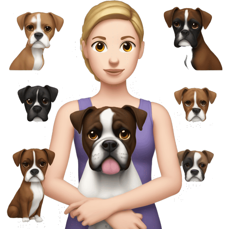 A white woman with brown hair holding her black and white boxer with some pink features like a baby emoji