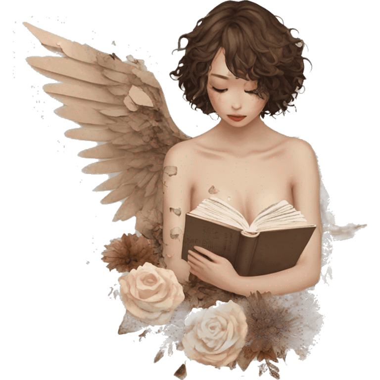 Library book bookworm academia aesthetic beige angel broken angel fallen angel tattoos with broken wing damaged wing torn wing, made of newspaper cuttings and dried flowers brown flowers emoji