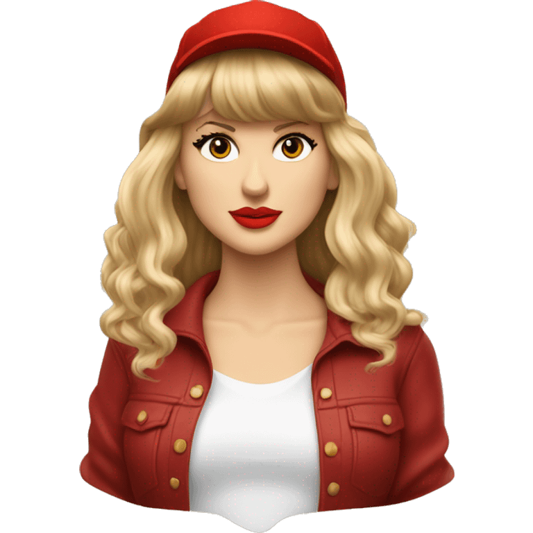 Taylor Swift looking off in the distance with long blonde hair and bangs wearing a red ivy-hat emoji