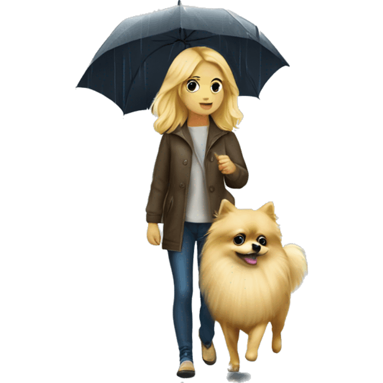 Blonde girl walking little pomeranian under the rain emoji