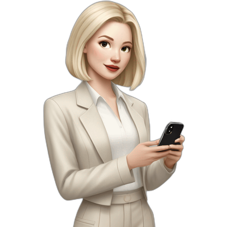 pale skin woman with ash blonde Straightened bob Hair, White Spacious classical jacket, beige palazzo Arrow pants and gray blouse holding white IPhone 15 pro in the hands emoji