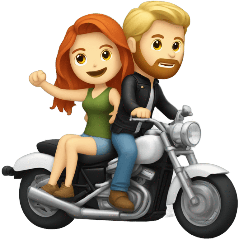 Redhead girlfriend and blond bearded boyfriend riding a motorcycle  emoji