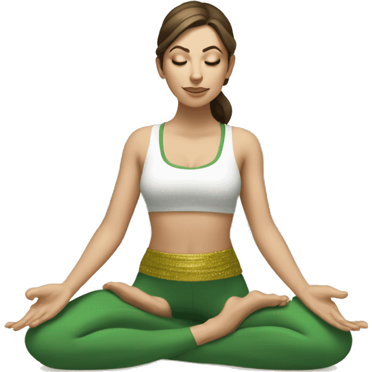 White girl brunette hair in Malasana yoga, green and gold outfit emoji