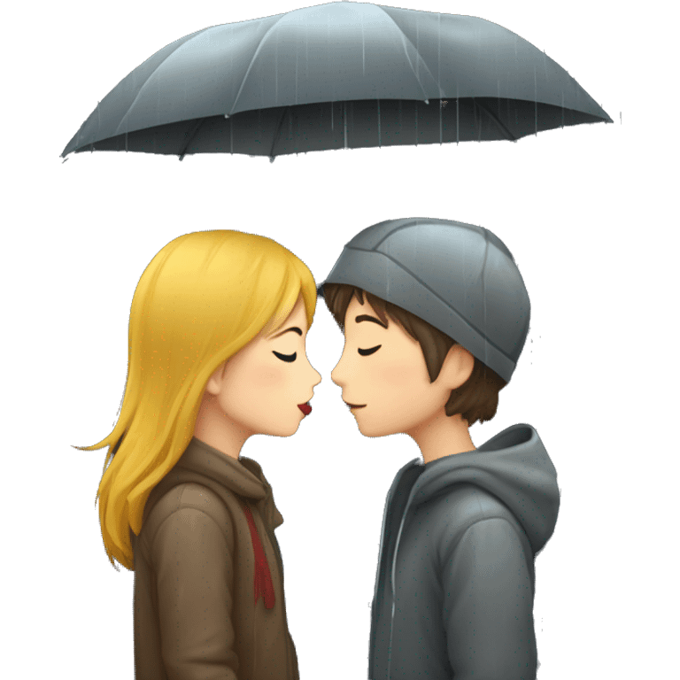 one girl one boy kiss in rain with dark background and trees emoji