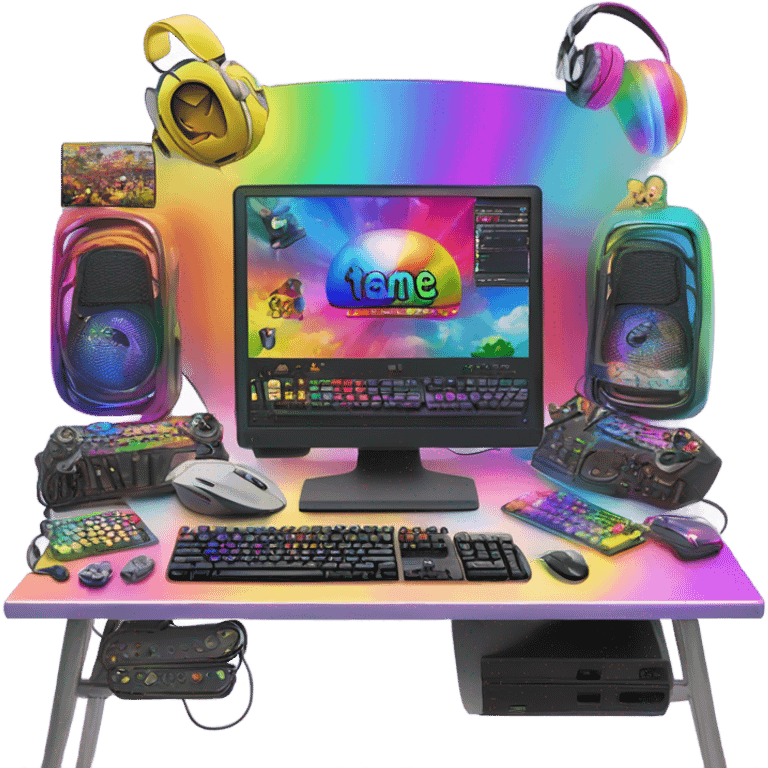 Gaming setup that is all rainbow themed emoji