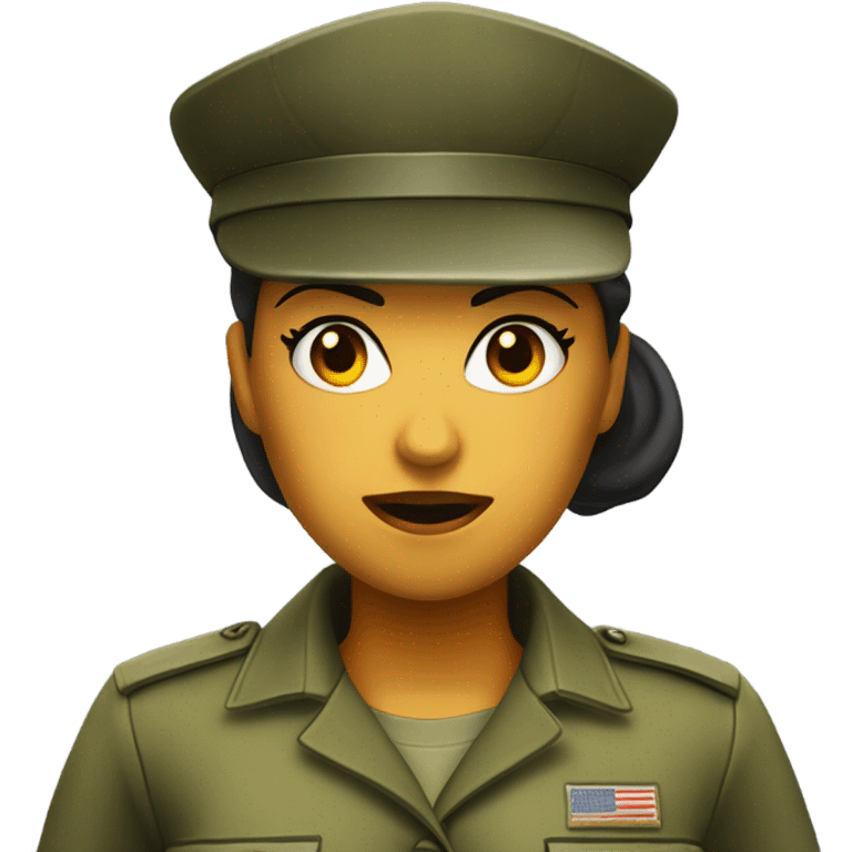 a female drill sergeant character wearing a classic sergeant hat and a camouflage army shirt. The character should have an angry intense expression. full torso emoji