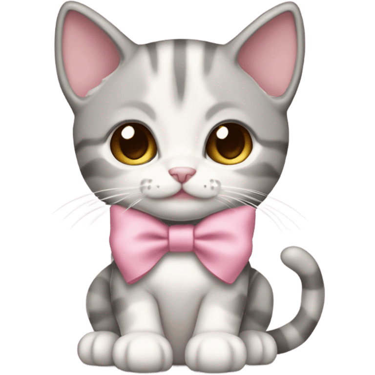 silver gray and white and cream color tabby cat kitten wearing a pink bow emoji