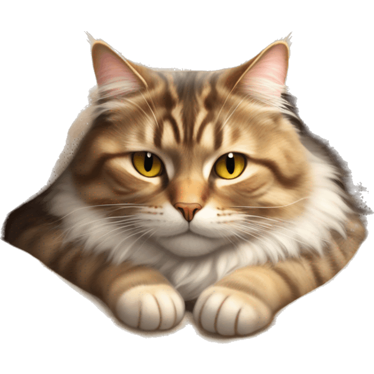 Fluffy tabby cat lounging on a cozy blanket, eyes closed and paws tucked in, basking in the sunlight like the king of relaxation. More realistic  emoji