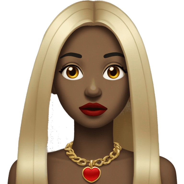 Sad Black girl with long black straight hair and red lipstick with gold hoop earrings and and a gold necklace  emoji