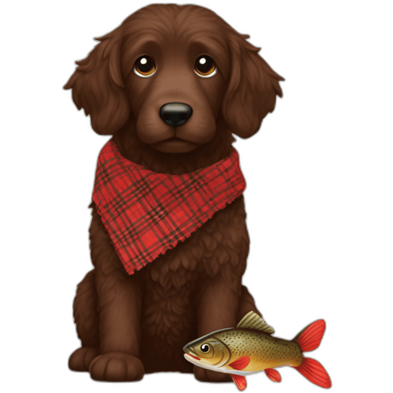 Chocolate brown colored doodle with a red and black flannel hankerchief holding a plush trout fish chew toy emoji