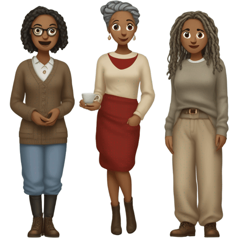 2 women, woman with gray locs, wearing pants , other woman is brown with red locs, in a knee-length dress with a cozy sweater, looking at antique items, such as a vintage lamp or an old teacup, with a table full of trinkets in the background emoji