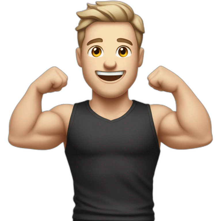 Joyful Celebrating victory Pale skinned Fit Man With the biceps and dark brown hair in black shirt, gray sports shorts and white Sneakers emoji